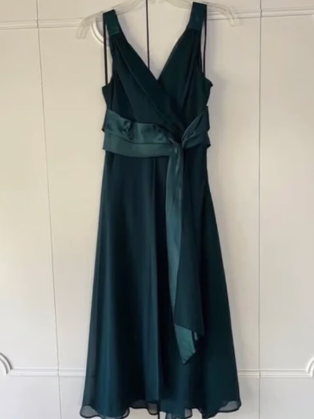 Emerald semi formal v neck midi dress, dark green tie waist prom wedding hoco  -